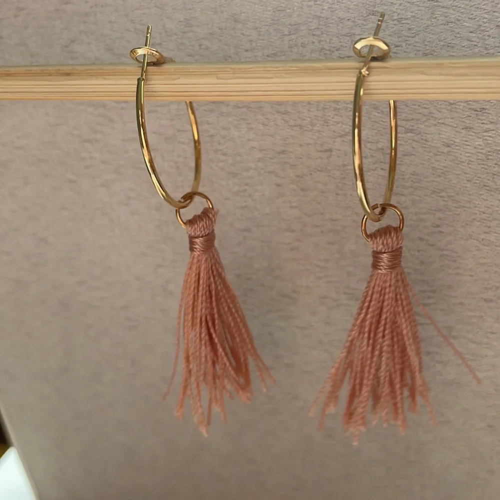 Gold hoop + pink tassel earrings